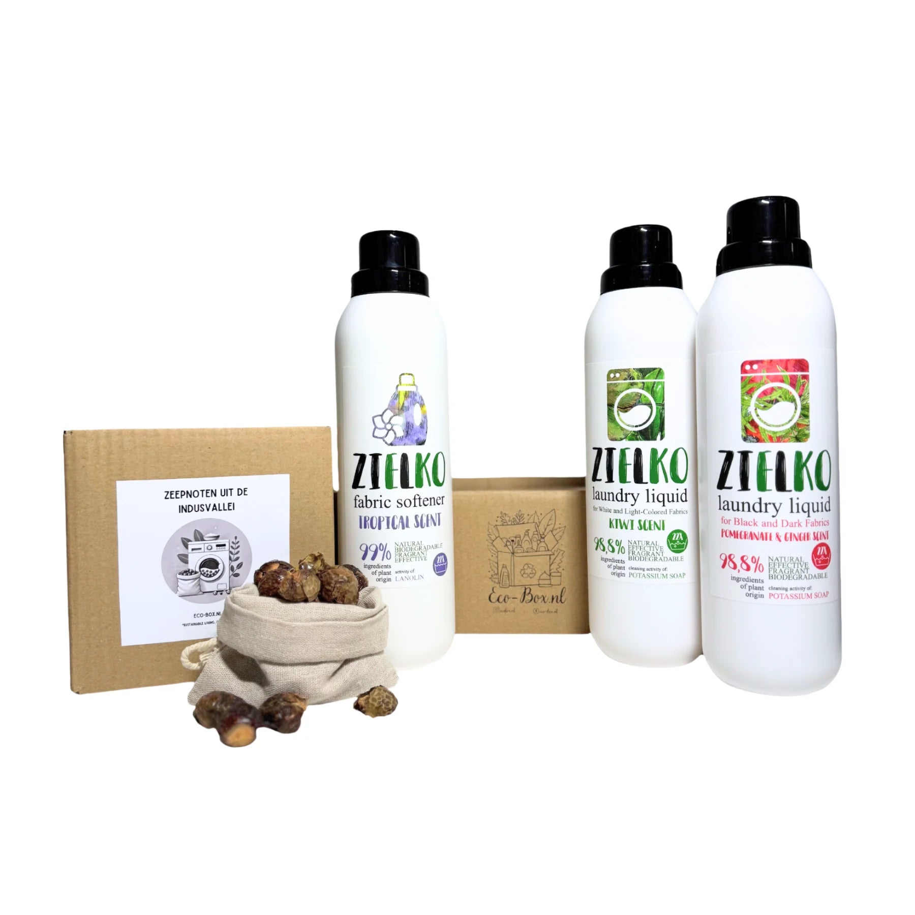 Ecologische Wasbox van Eco-Box.nl met ZIELKO vloeibare wasmiddelen en tropische wasverzachter.