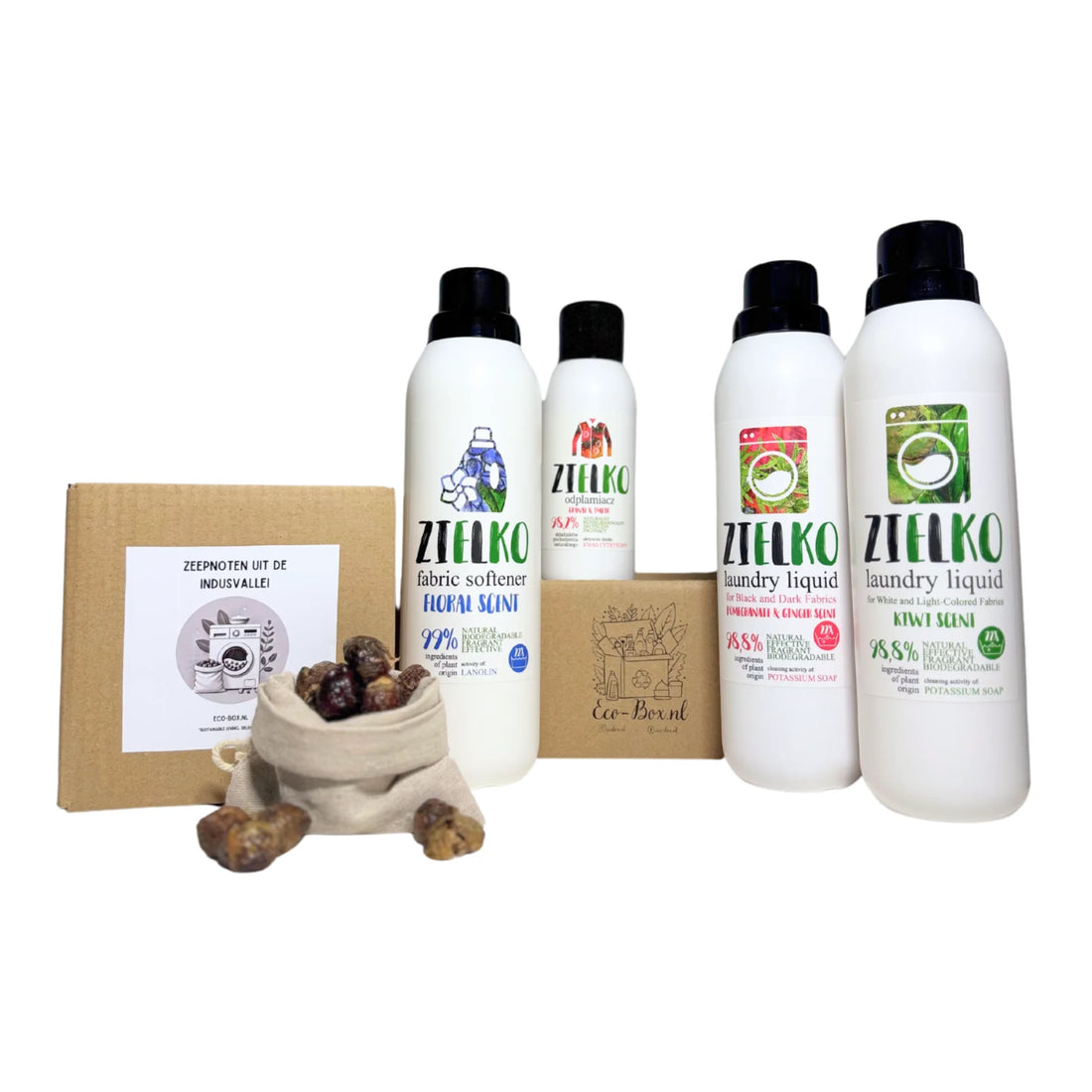 Eco-Box.nl Wasbox XL met natuurlijke wasmiddelen van ZIELKO, wasnoten en duurzame verpakking.