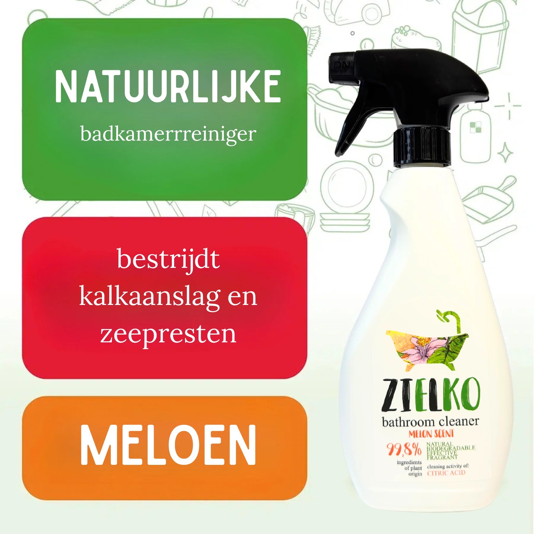 Natuurlijke badkamerreniger met meloengeur, bestrijdt kalkaanslag en zeepresten.