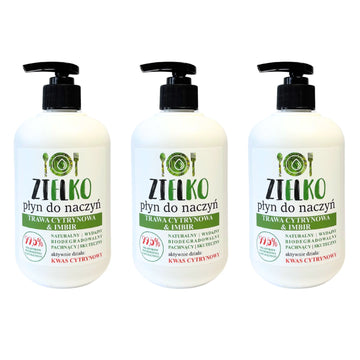 Drie flessen ZIELKO Citroengras & Gember afwasmiddel, biologisch afbreekbaar en effectief.