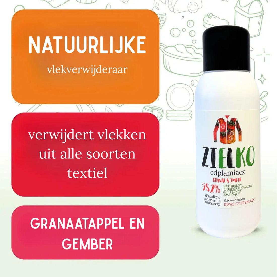 Twee flessen ZIELKO vlekverwijderaar Granaatappel & Gember, biologisch afbreekbaar en krachtig.