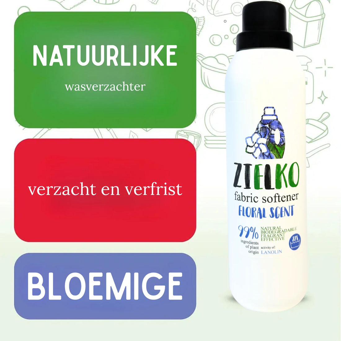Vier flessen ZIELKO Floral Scent wasverzachter, zacht en fris wasresultaat.