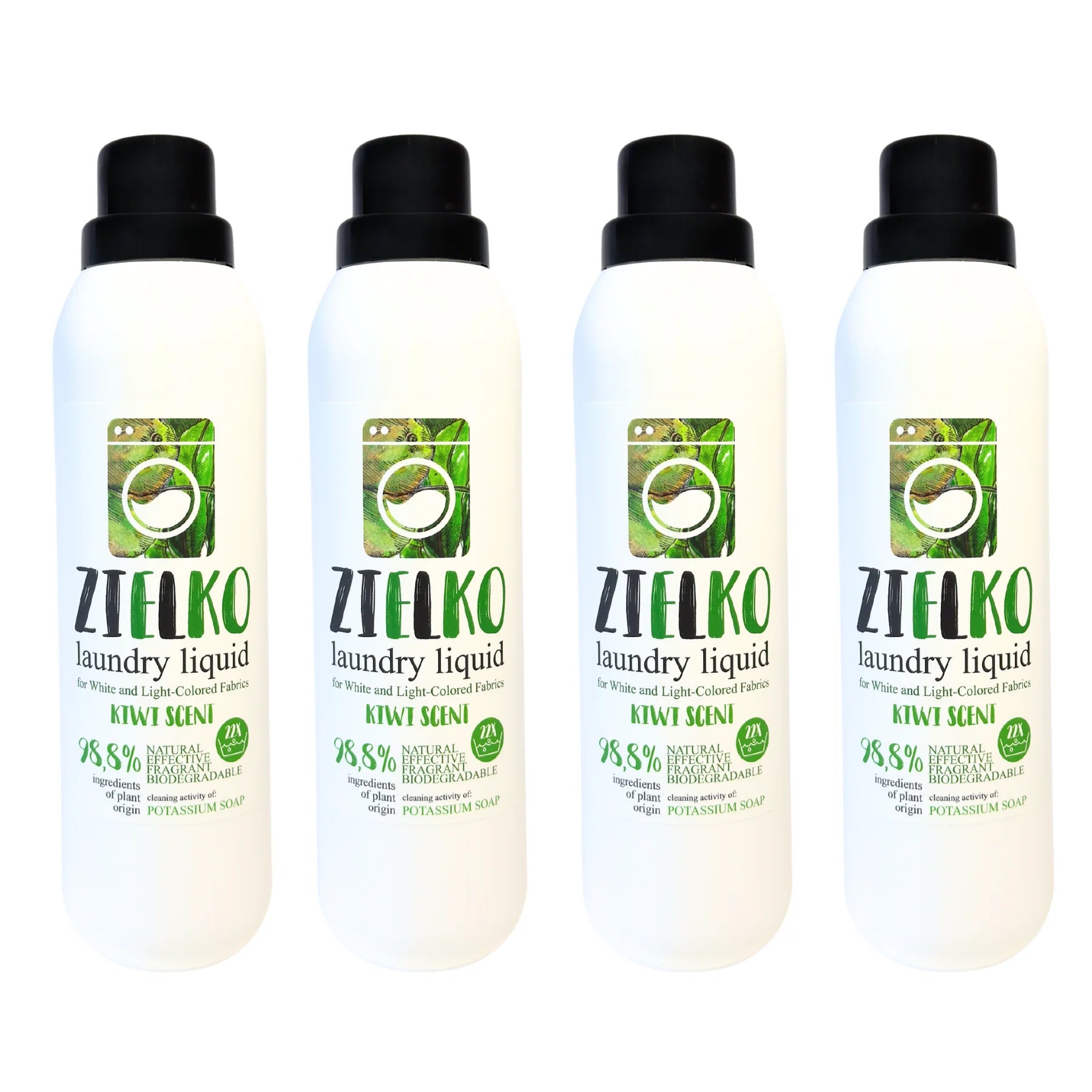 Vier flessen ZIELKO wasmiddel Kiwi Scent, ecologisch en effectief voor lichte was.