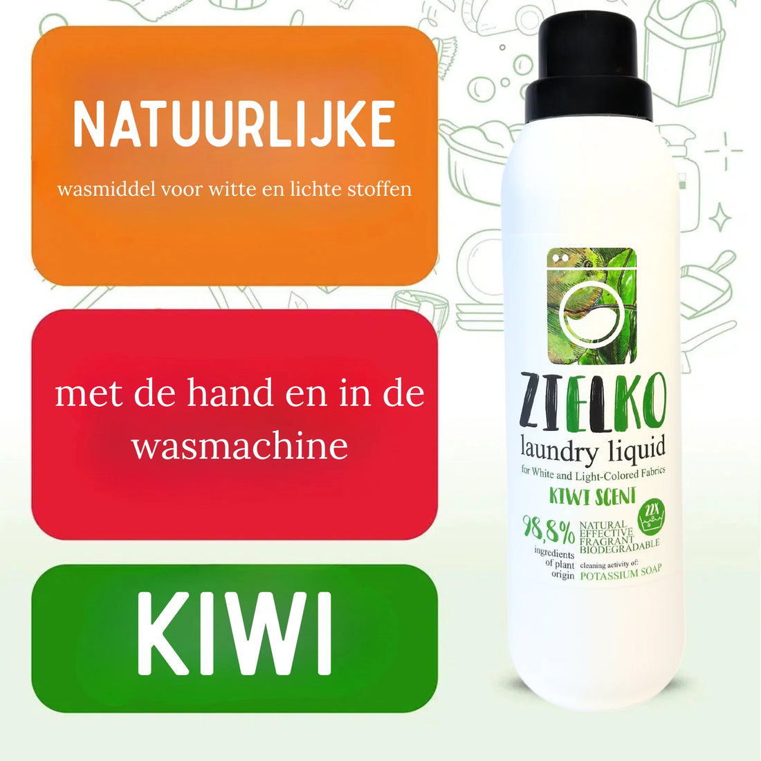 Vier flessen ZIELKO wasmiddel Kiwi Scent, ecologisch en effectief voor lichte was.