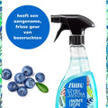 ZIELKO glasreiniger met bosvruchtengeur, frisse natuurlijke spray met blauwe vloeistof en blauwe bessen.