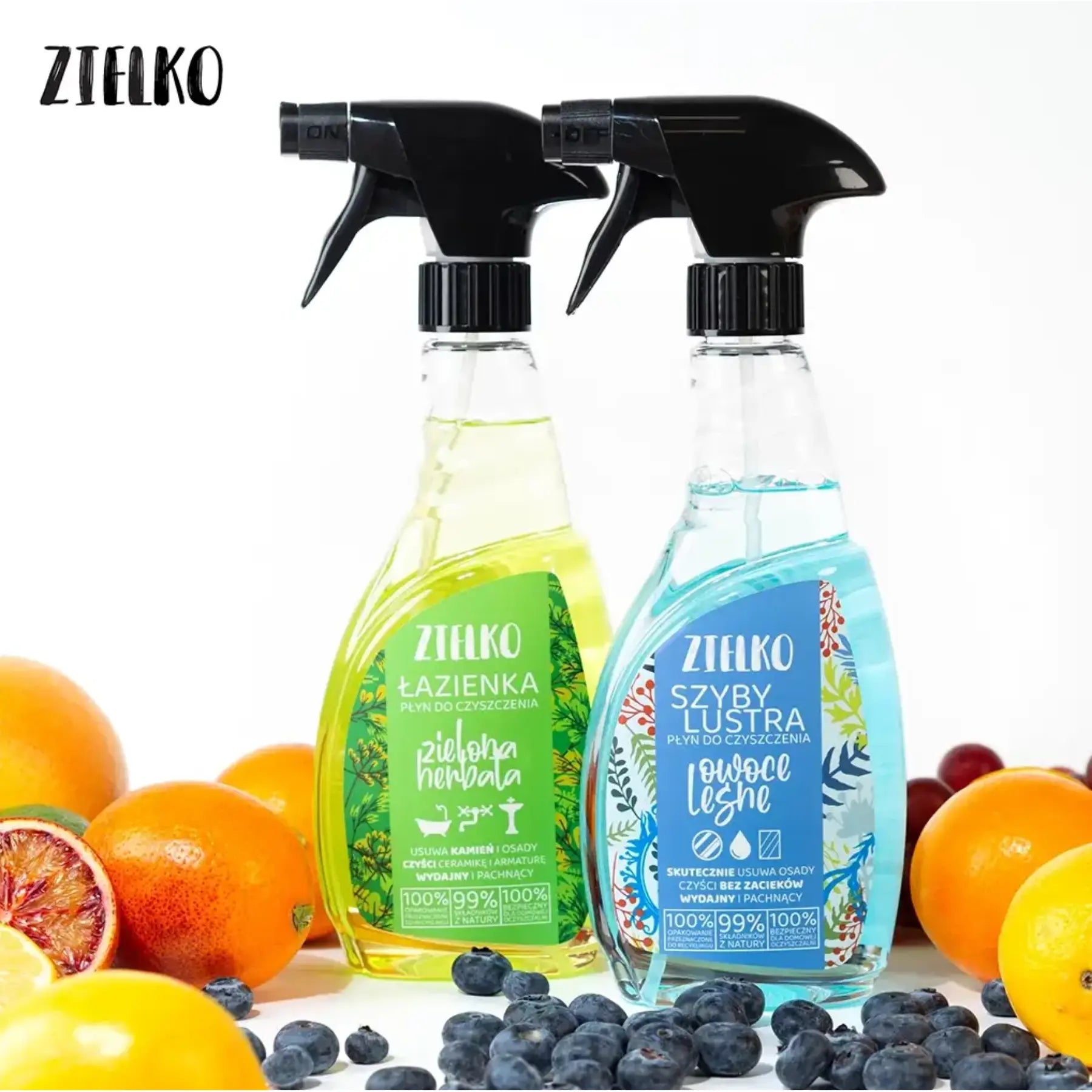 Twee ZIELKO schoonmaaksprays voor badkamer en ramen, natuurlijke reinigers met geuren van groene thee en bosvruchten.