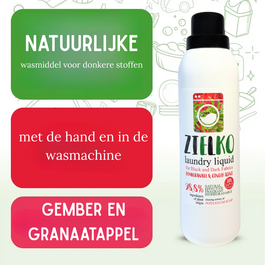 Zielko wasmiddel voor donkere en zwarte kleding met granaatappel & gember geur op witte achtergrond