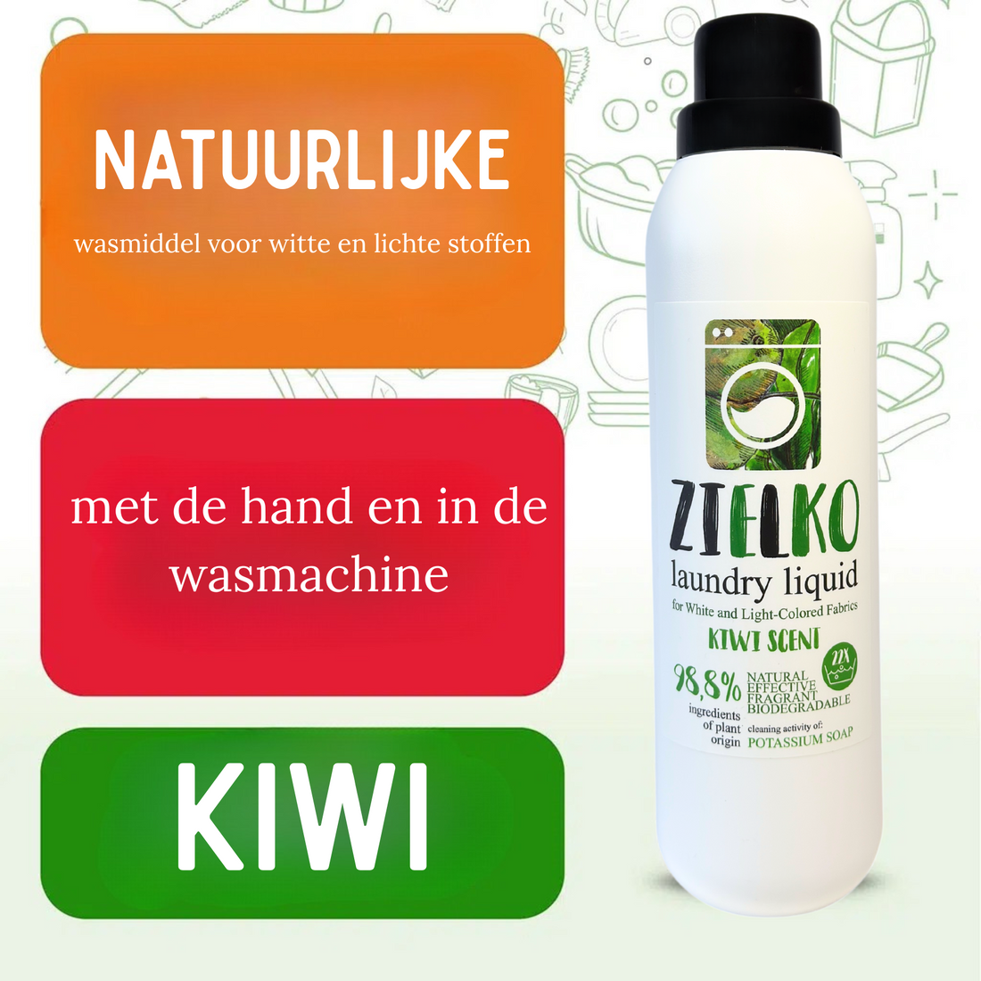 Zielko wasmiddel voor witte en lichtgekleurde stoffen met kiwi-geur op witte achtergrond