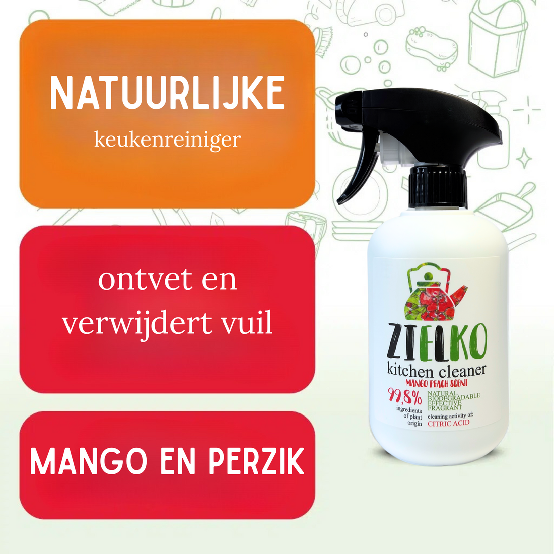 Zielko keukenreiniger met mango-perzikgeur op witte achtergrond