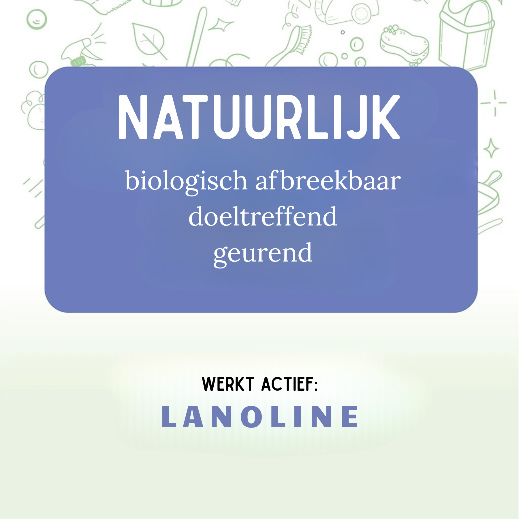 Blauwe banner ‘Natuurlijk – biologisch afbreekbaar, doeltreffend, geurend’; daaronder ‘Werkt actief: Lanoline’