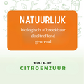 Oranje banner ‘Natuurlijk – biologisch afbreekbaar, doeltreffend, geurend’; daaronder groene tekst ‘Werkt actief: citroenzuur’