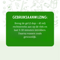 Instructiekaart Zielko vlekverwijderaar: gel (1 dop/45 ml) op vlek aanbrengen, 5–10 min laten inwerken, daarna wassen