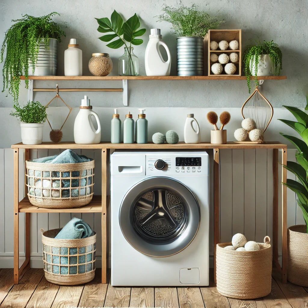 Moderne, strakke wasmachine op houten planken