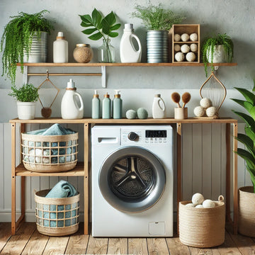 Moderne, strakke wasmachine op houten planken