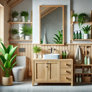 Eco-vriendelijke gootsteen met grote spiegel en minimalistisch ontwerp