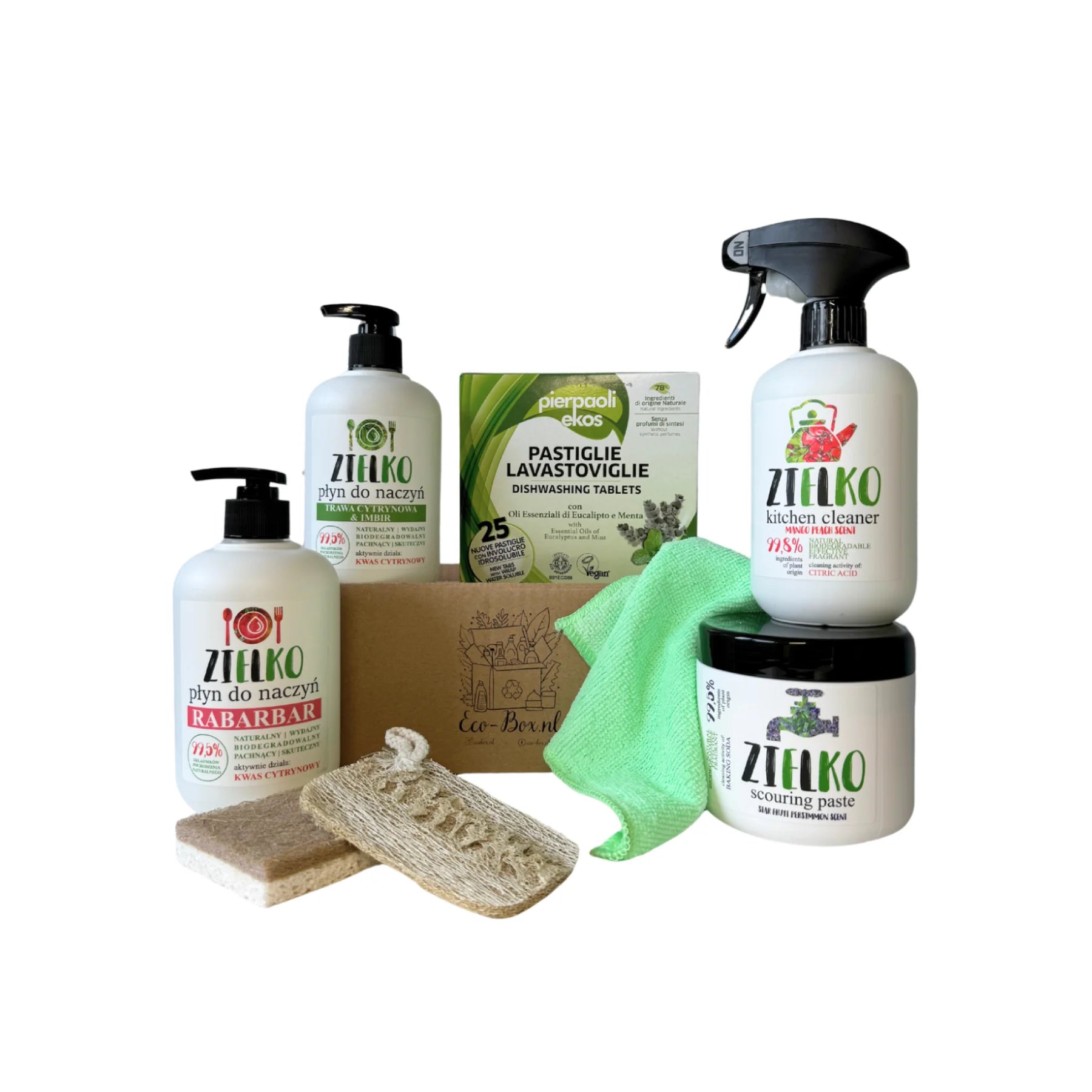 Eco-Box.nl KeukenBOX met natuurlijke ZIELKO schoonmaakmiddelen en ecologische afwastabletten voor een duurzame keuken.