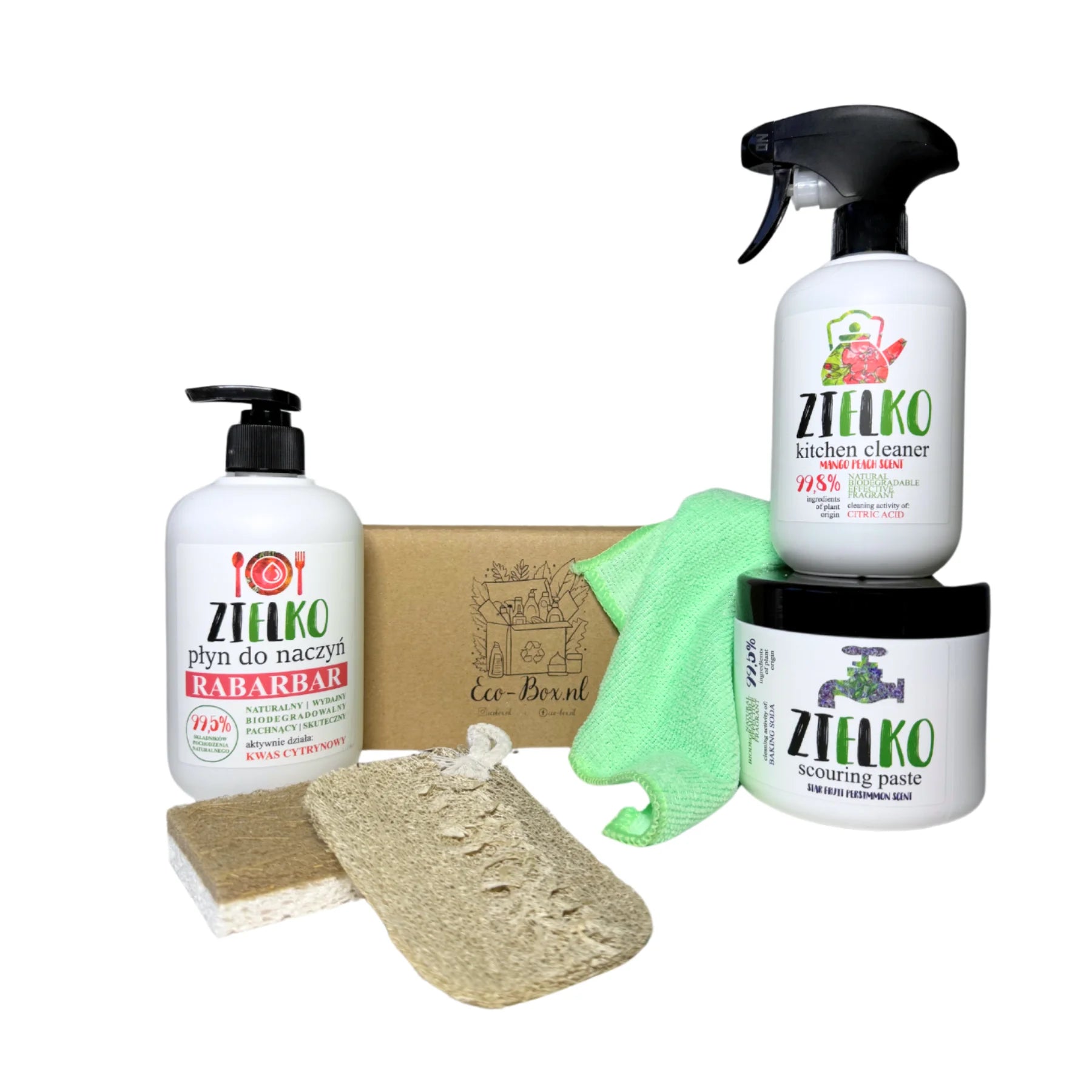 Duurzaam keukenpakket met ZIELKO afwasmiddel, keukenreiniger en schuurpasta, ideaal voor milieuvriendelijk schoonmaken.