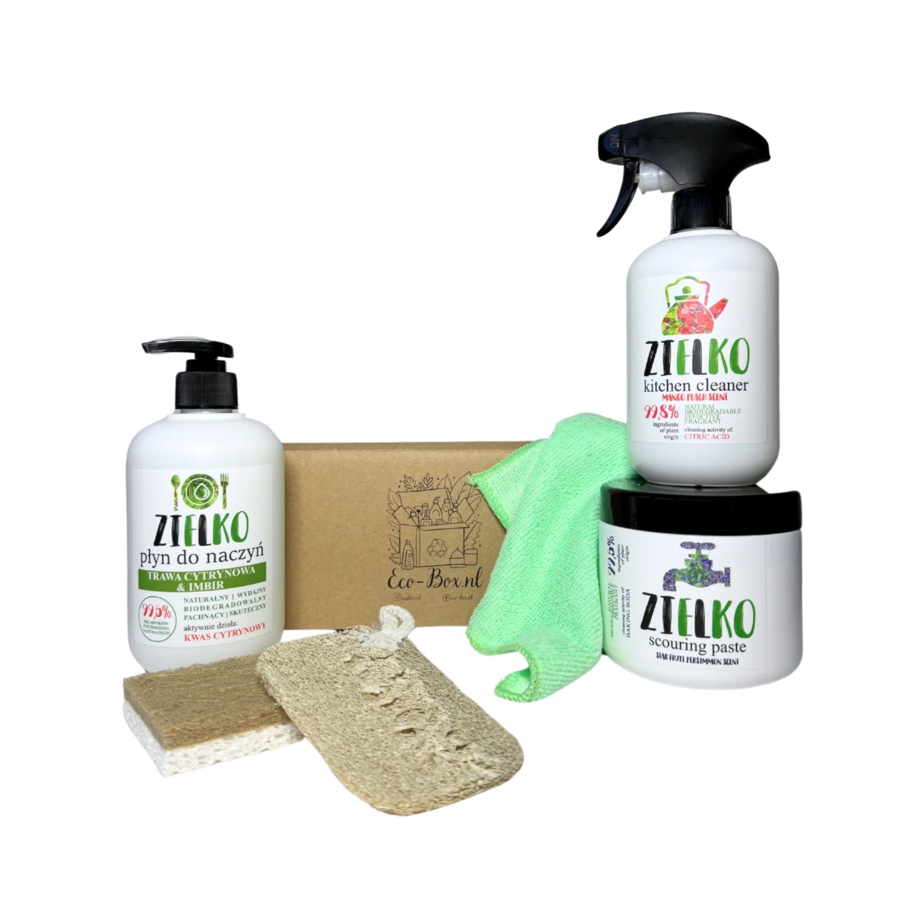 Eco-Box.nl KeukenBOX met natuurlijke schoonmaakproducten en herbruikbare microvezeldoek, zonder chemische toevoegingen.