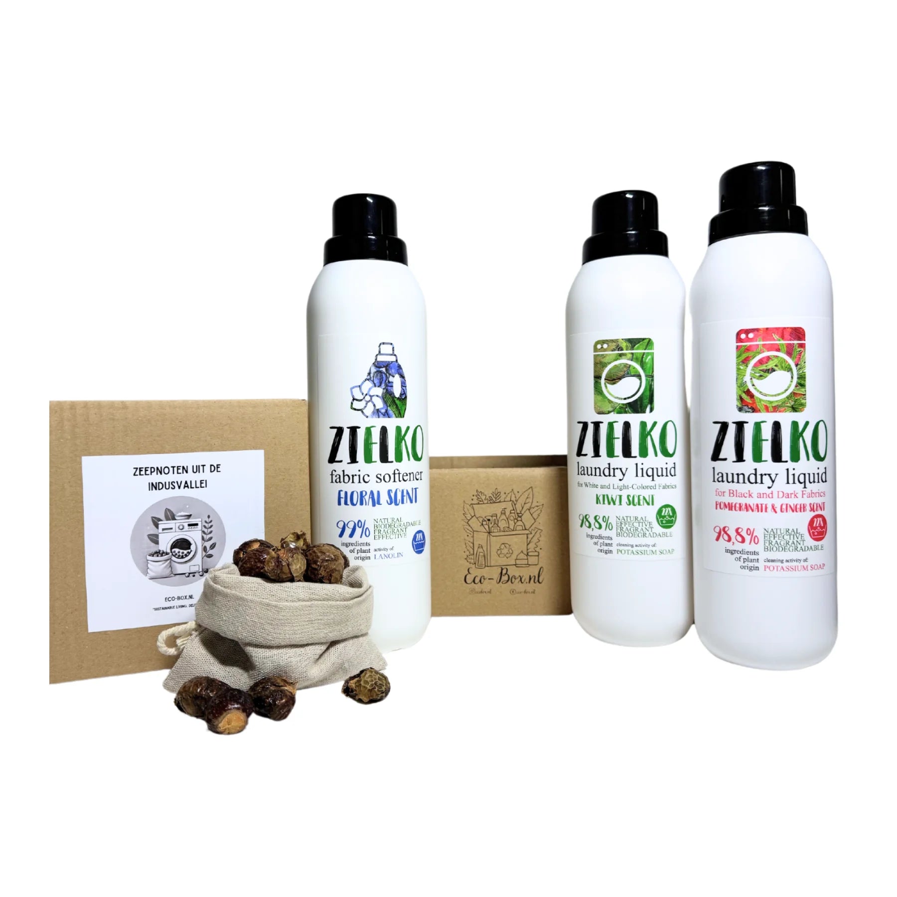 Duurzaam waspakket met ZIELKO wasmiddelen en natuurlijke zeepnoten, milieuvriendelijk alternatief voor traditioneel wassen.