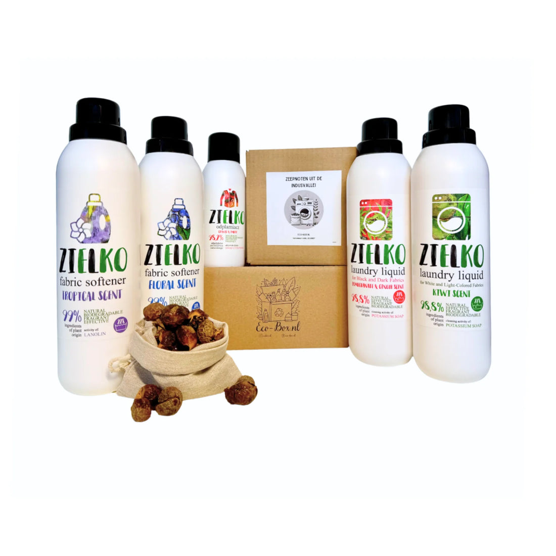 Eco-Box.nl Wasbox XL met natuurlijke wasmiddelen van ZIELKO, wasnoten en duurzame verpakking.