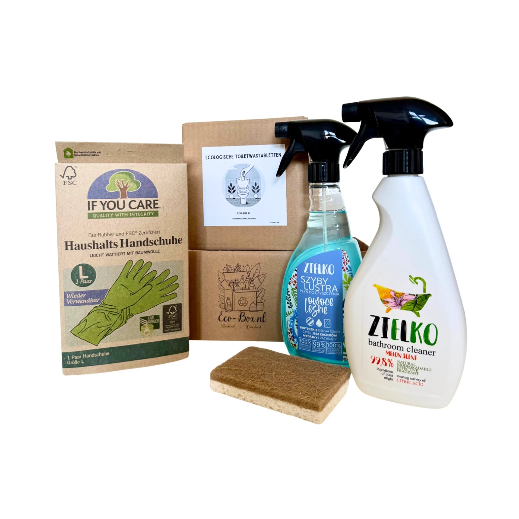 Eco-Box.nl BadkamerBOX met natuurlijke ZIELKO schoonmaakmiddelen, ecologische handschoenen en spons voor duurzaam poetsen in de badkamer.