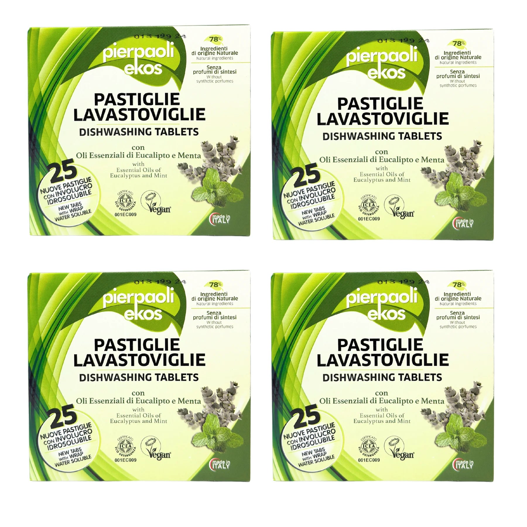 Vier verpakkingen EKOS afwastabletten, milieuvriendelijk en vegan, 25 stuks per doos.