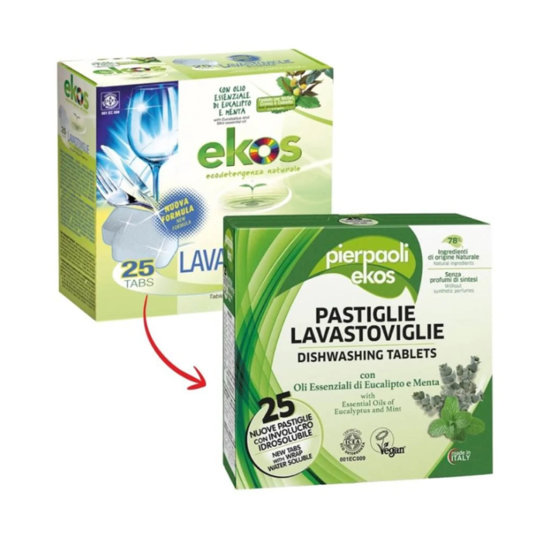 EKOS afwastabletten met eucalyptus en munt, natuurlijke vaatwastabletten zonder synthetische parfums.