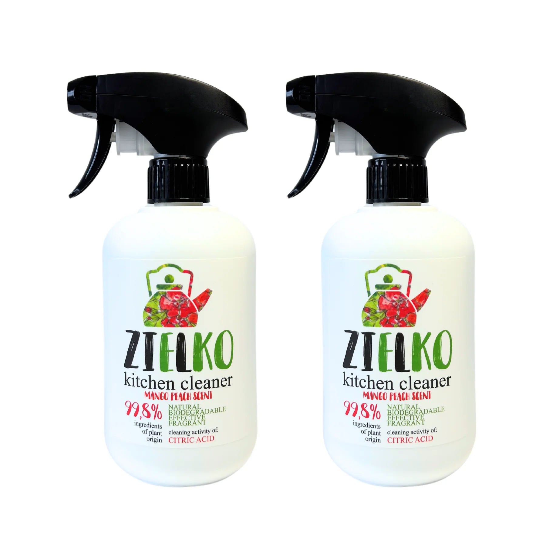 Twee flessen ZIELKO keukenreiniger Mango & Perzik, effectief tegen vet en vuil.