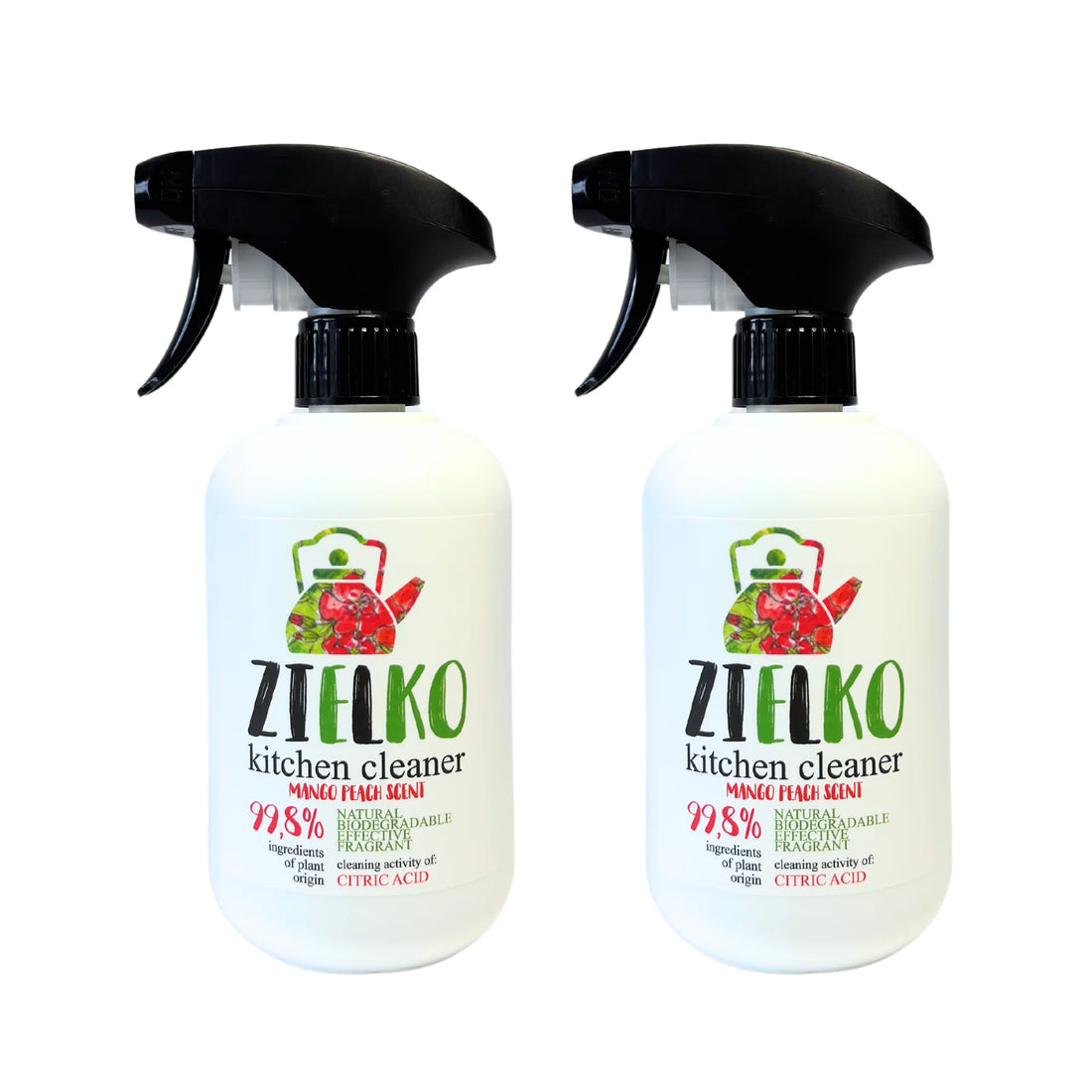 Twee flessen ZIELKO keukenreiniger Mango & Perzik, effectief tegen vet en vuil.