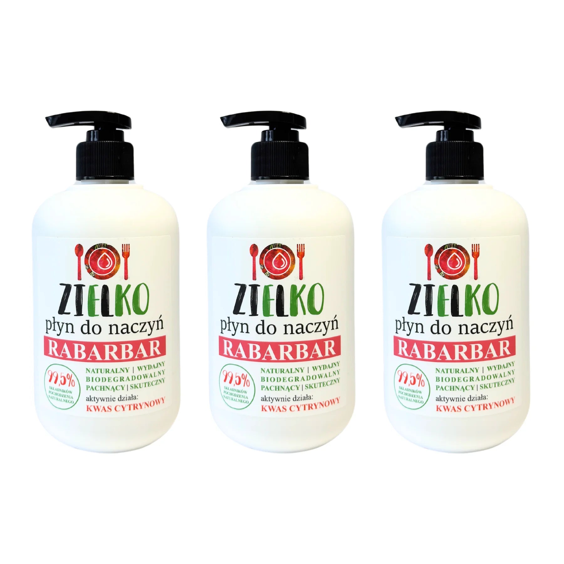Drie flessen ZIELKO afwasmiddel Rabarber, milieuvriendelijke formule met citroenzuur.