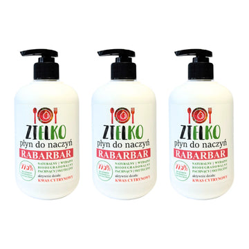 Drie flessen ZIELKO afwasmiddel Rabarber, milieuvriendelijke formule met citroenzuur.