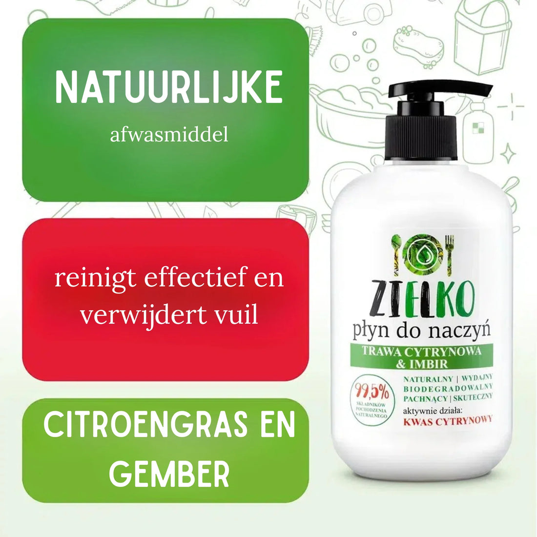 ZIELKO afwasmiddel Citroengras & Gember, natuurlijke formule met citroenzuur.