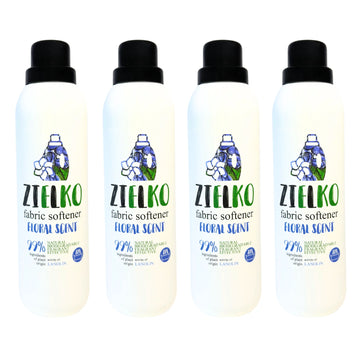 Vier flessen ZIELKO Floral Scent wasverzachter, zacht en fris wasresultaat.