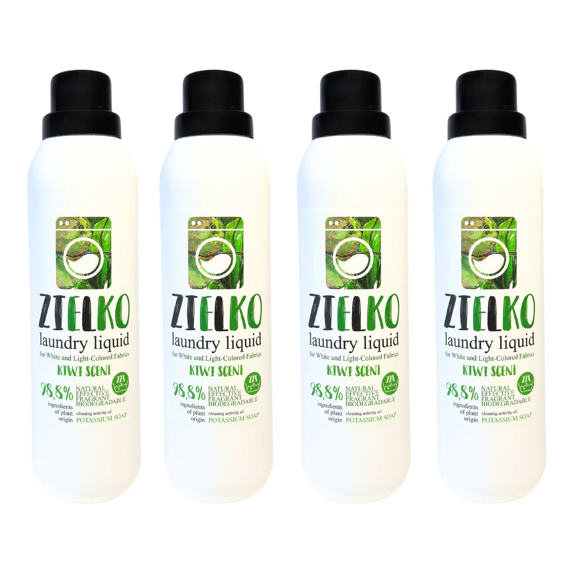 Vier flessen ZIELKO wasmiddel Kiwi Scent, ecologisch en effectief voor lichte was.