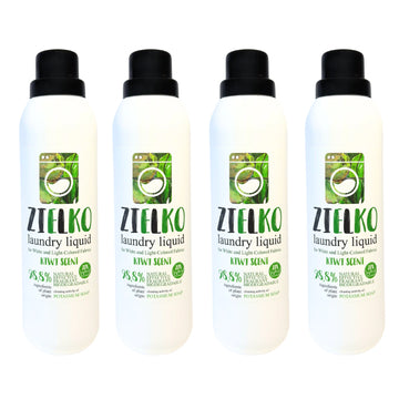 Vier flessen ZIELKO wasmiddel Kiwi Scent, ecologisch en effectief voor lichte was.