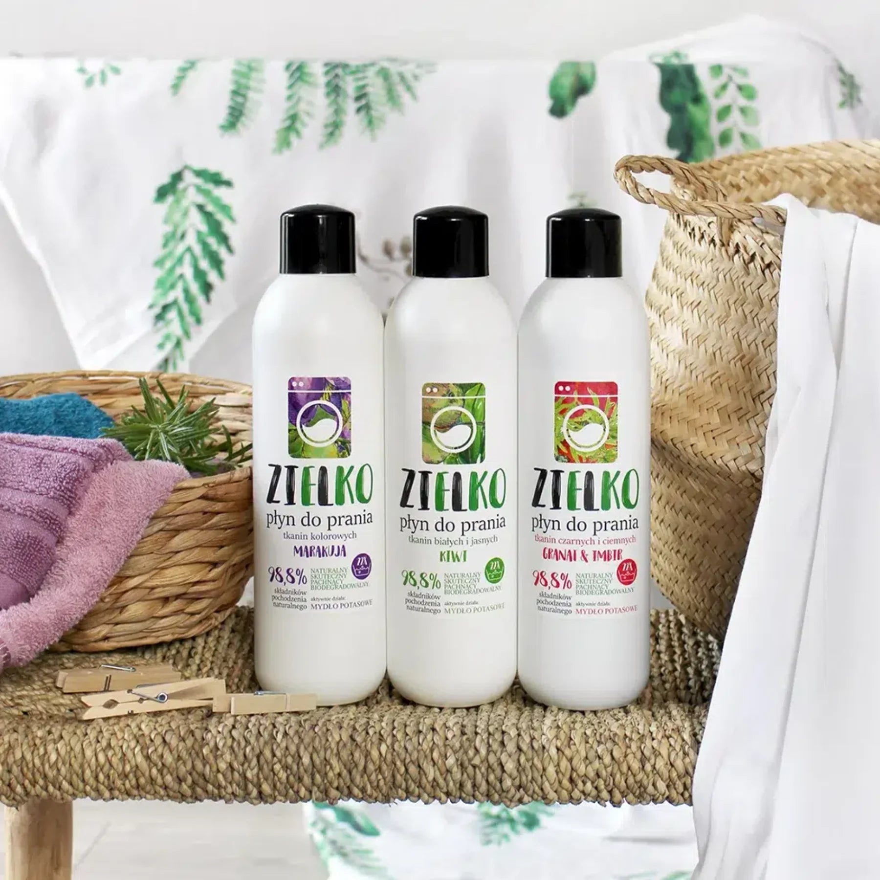 Drie varianten ZIELKO wasmiddel: Maracuja, Kiwi en Granaatappel & Gember – natuurlijke keuze voor elke was.