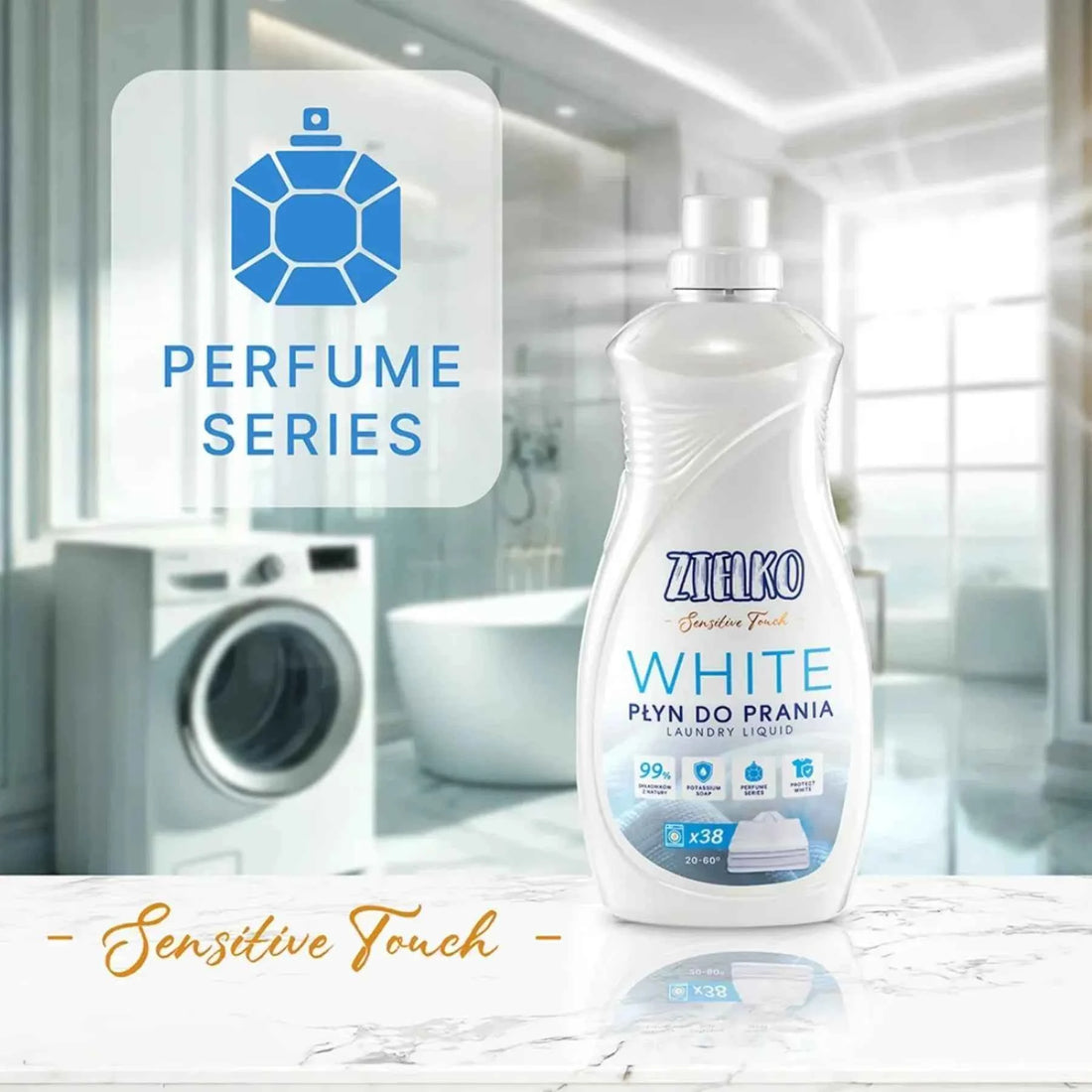 Drie flessen ZIELKO Sensitive Touch wasmiddel voor witte stoffen, ecologisch en huidvriendelijk.