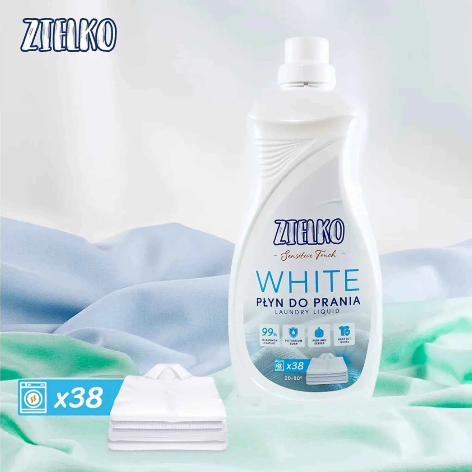ZIELKO Sensitive Touch fles tussen witte en blauwe stoffen, tot 38 wasbeurten, natuurlijk schoon resultaat.