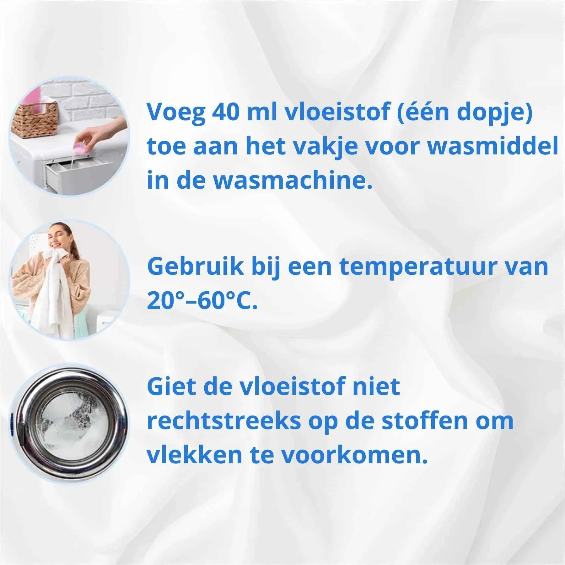 Gebruiksaanwijzing: 40 ml ZIELKO wasmiddel toevoegen, geschikt voor 20–60°C, niet direct op stoffen gieten.