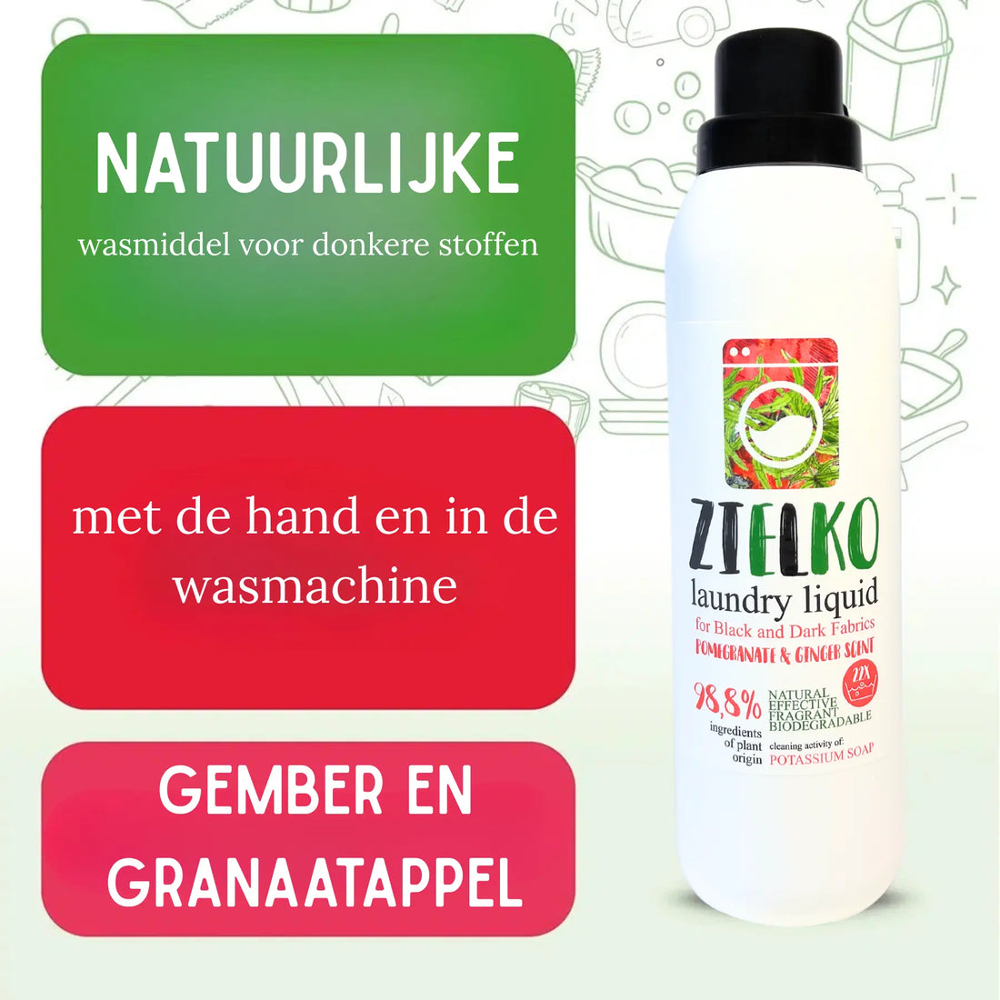 ZIELKO wasmiddel voor zwarte en donkere stoffen met granaatappel en gembergeur, natuurlijke formule.