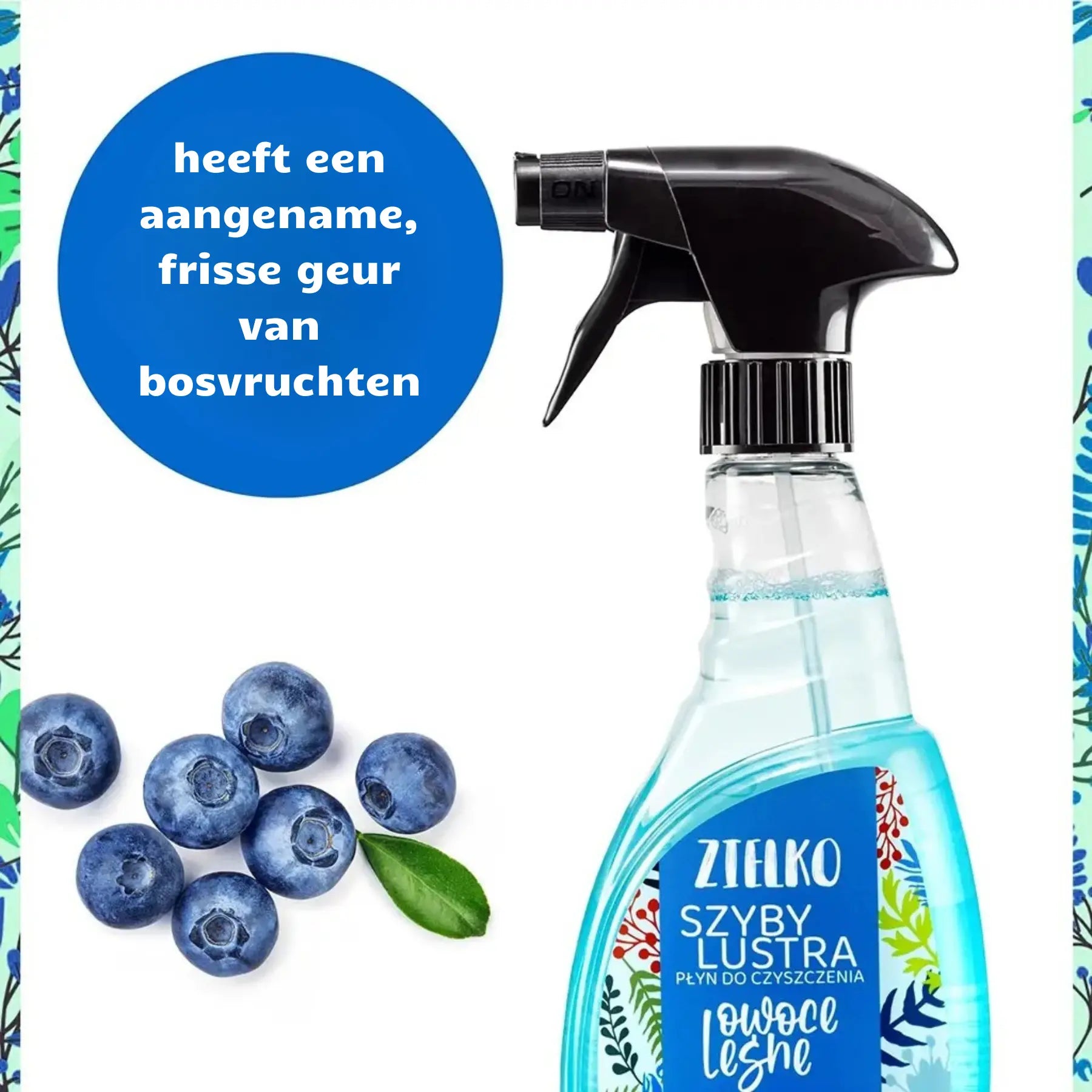 ZIELKO glasreiniger met bosvruchtengeur, frisse natuurlijke spray met blauwe vloeistof en blauwe bessen.