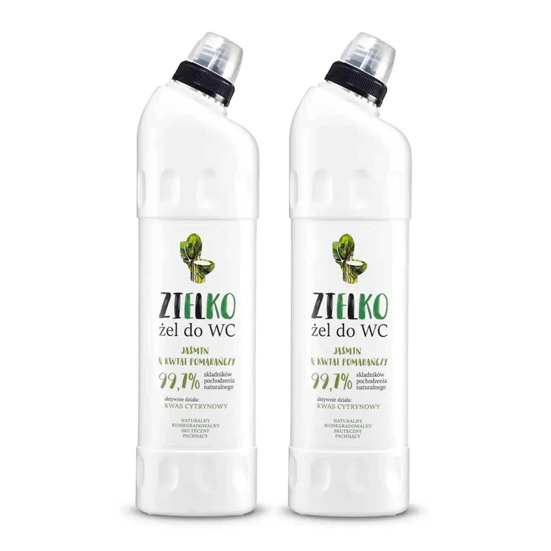 Twee flessen ZIELKO WC-reiniger Jasmijn & Oranjebloesem, duurzame keuze voor een frisse badkamer.