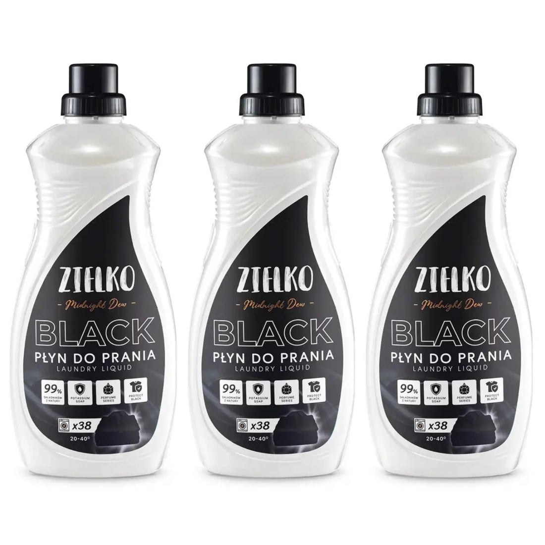 Drie flessen ZIELKO wasmiddel Midnight Dew, ecologische verzorging voor donkere en zwarte stoffen.
