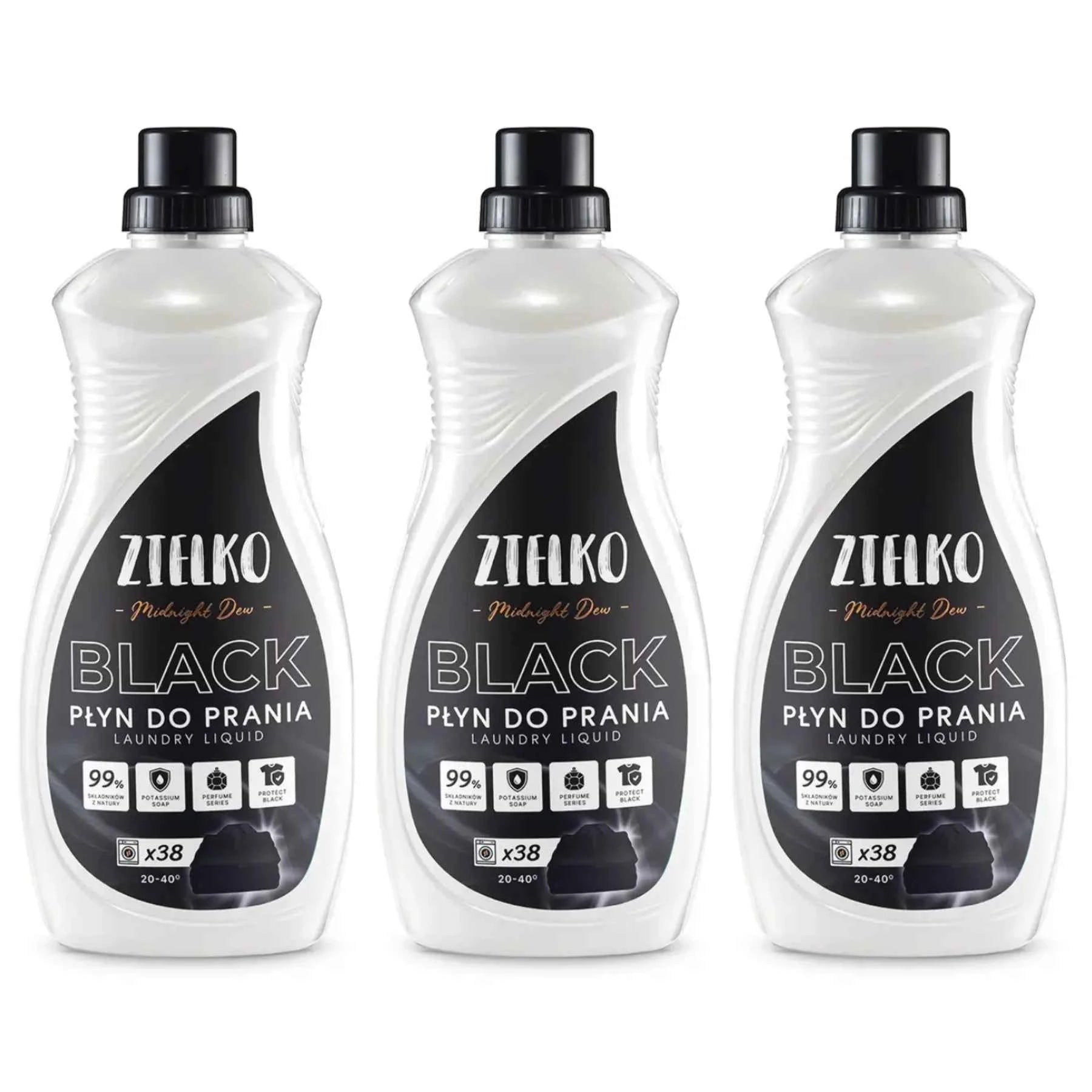 Drie flessen ZIELKO wasmiddel Midnight Dew, ecologische verzorging voor donkere en zwarte stoffen.