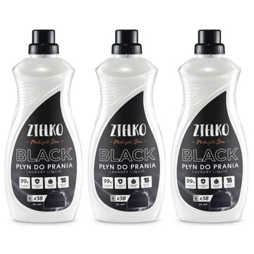 Drie flessen ZIELKO wasmiddel Midnight Dew, ecologische verzorging voor donkere en zwarte stoffen.