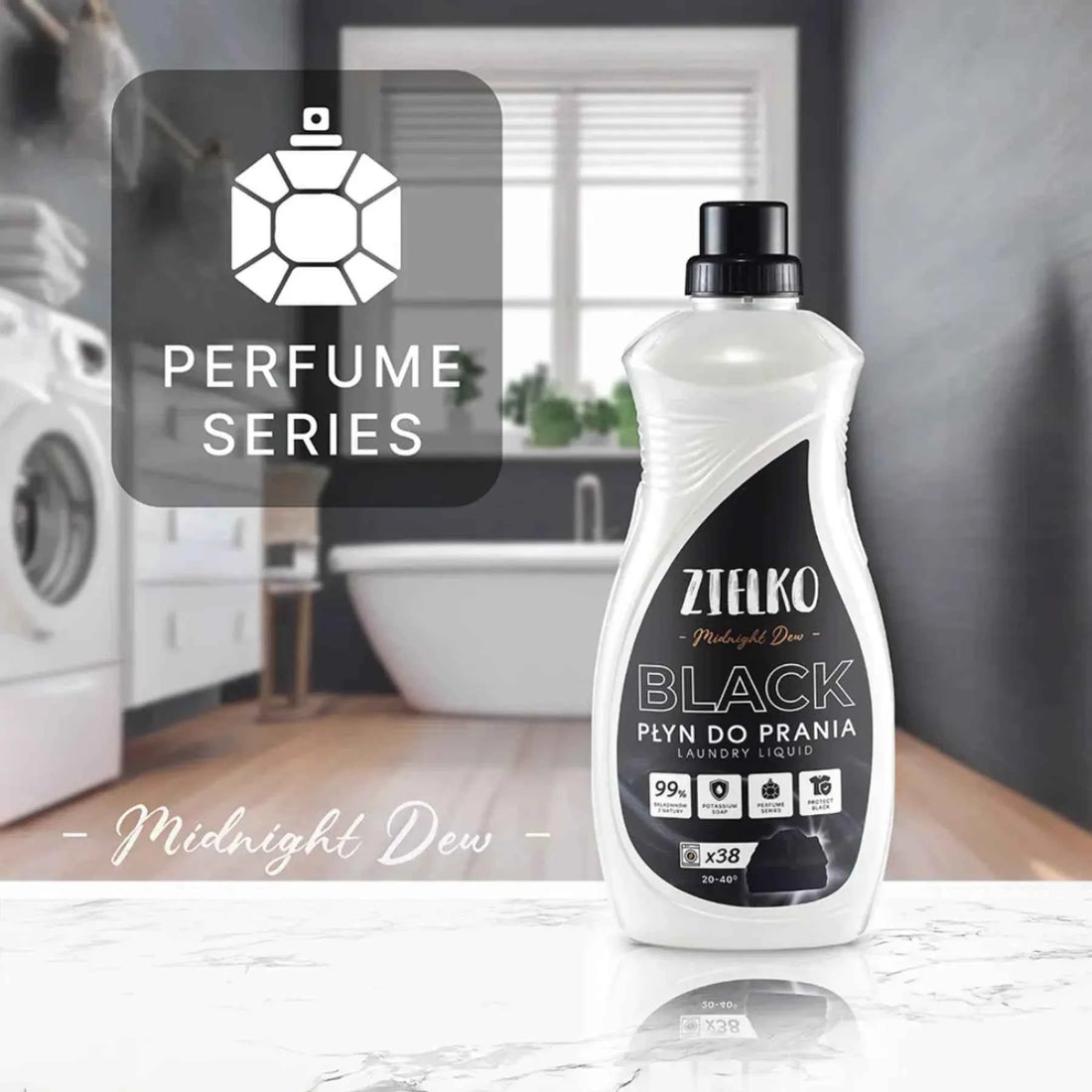 ZIELKO wasmiddel voor zwarte kleding Midnight Dew, natuurlijke formule voor diepe kleur en langdurige frisheid.