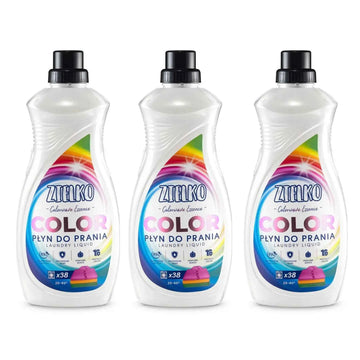 Drie flessen ZIELKO Colorwave Essence wasmiddel voor gekleurde stoffen, milieuvriendelijk en effectief.