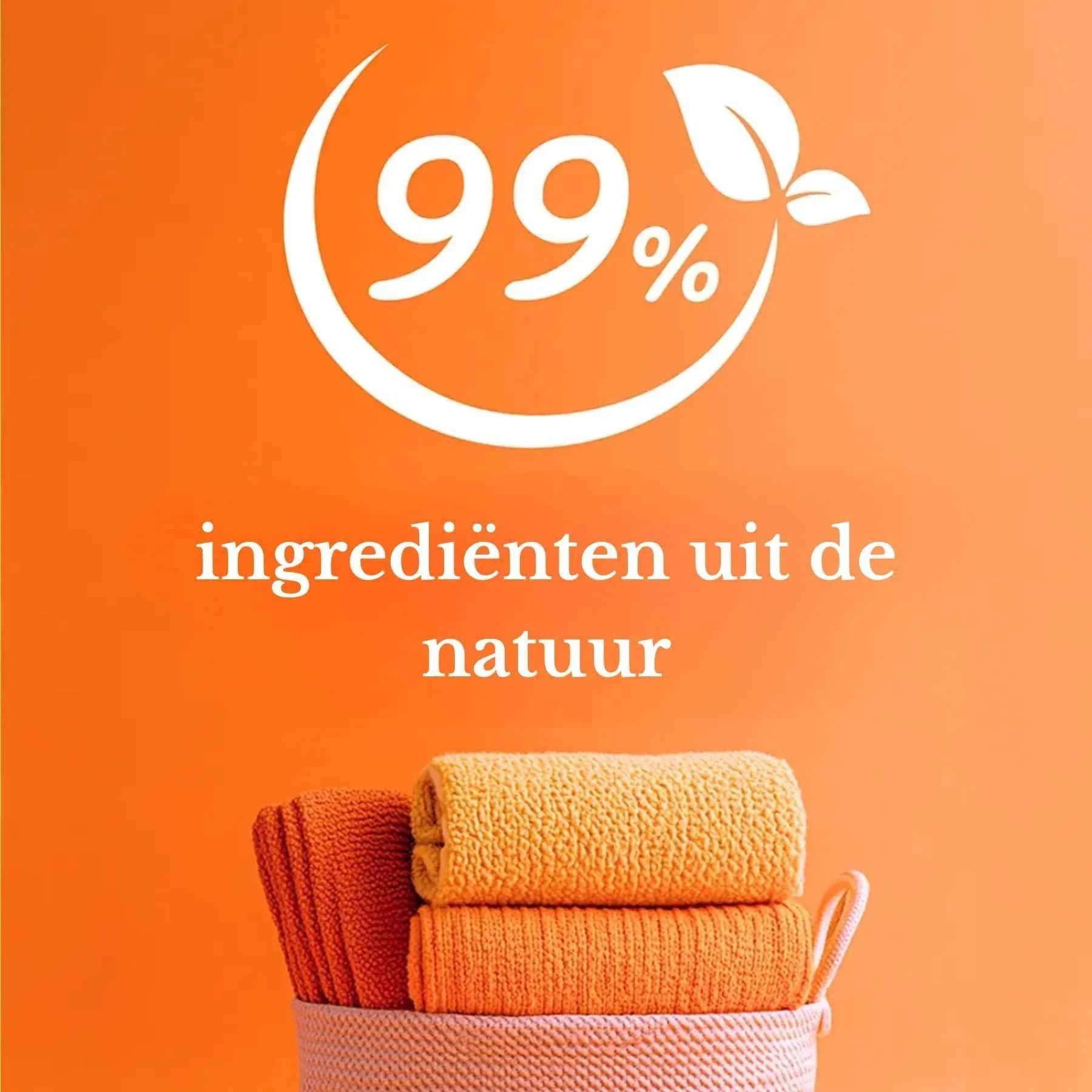 99% natuurlijke ingrediënten – ZIELKO ecologisch wasmiddel met oranje handdoeken en zachte kleuren.