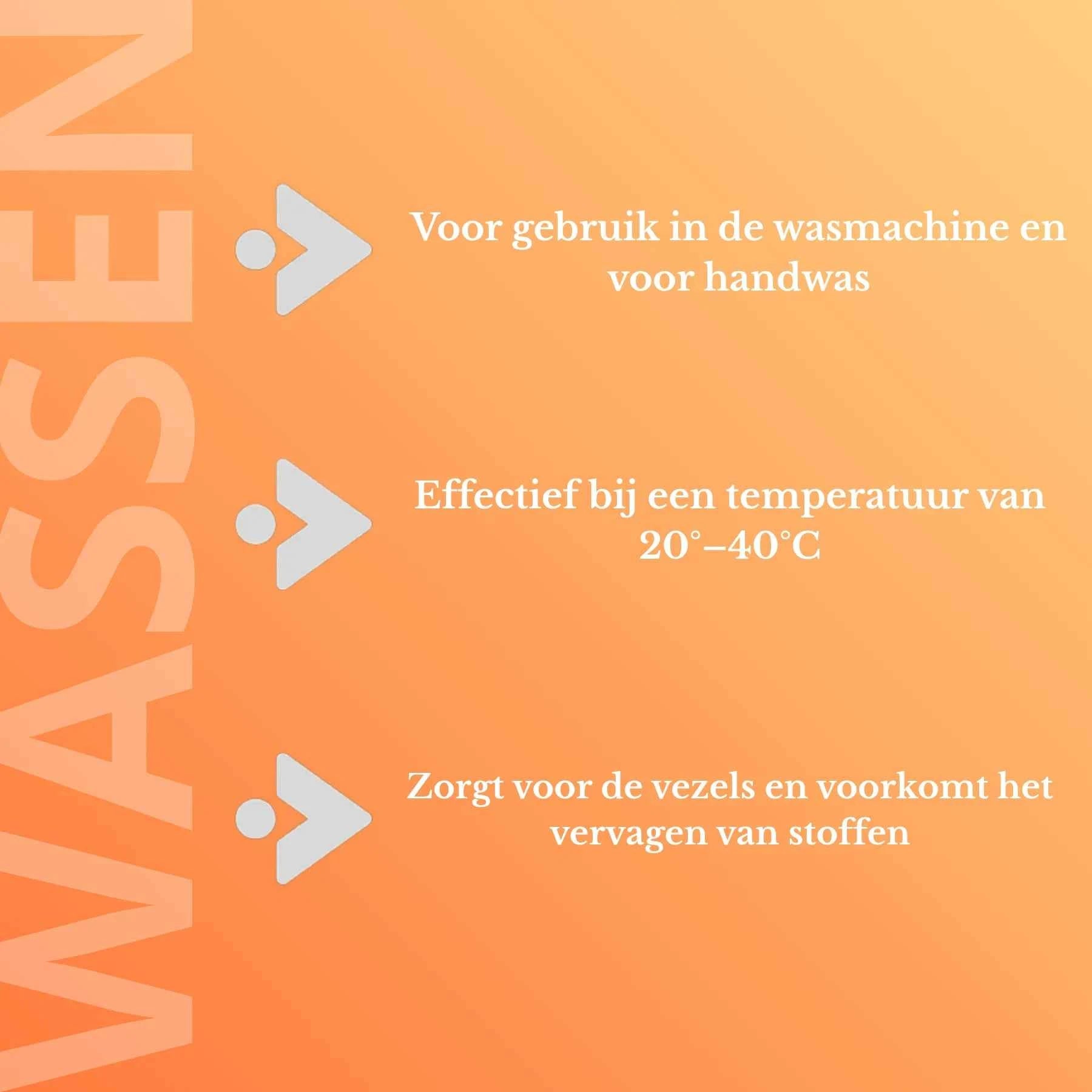 Instructies voor gebruik van ZIELKO Colorwave wasmiddel: geschikt voor machine- en handwas, 20–40°C.