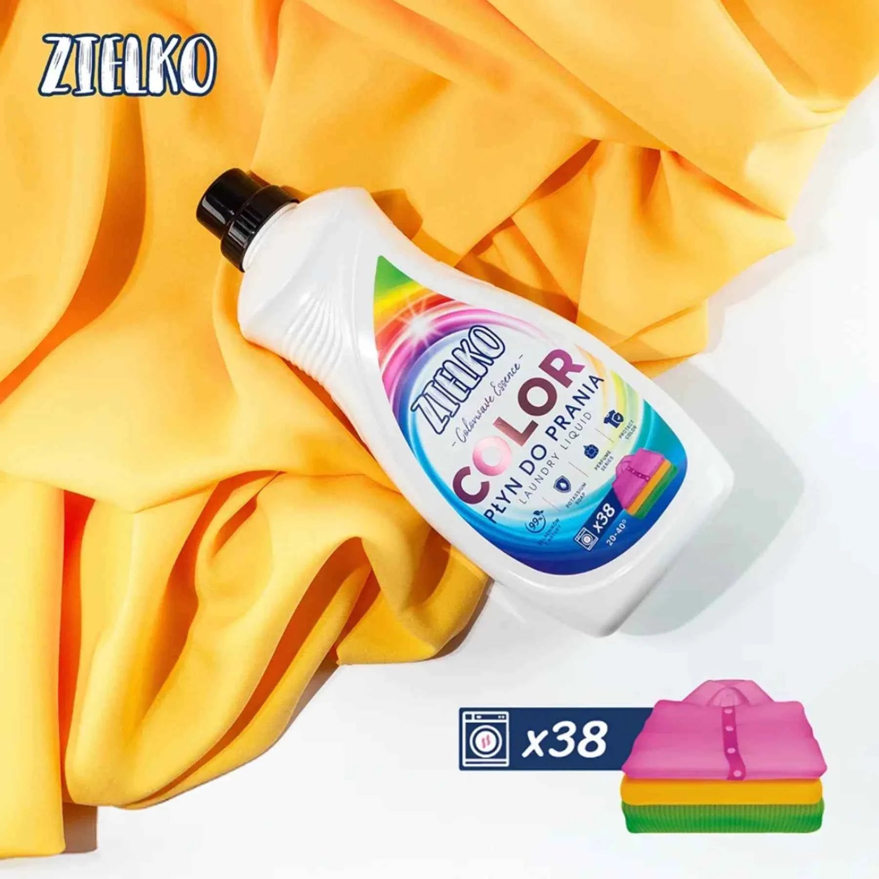 ZIELKO Colorwave Essence fles op gele stof, 38 wasbeurten, wasmiddel voor levendige kleuren.